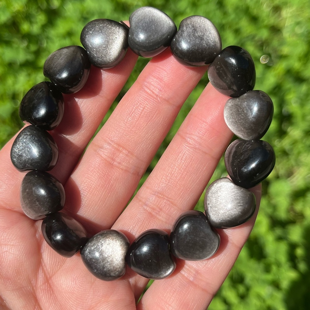 14mm Stretchable High Quality Silver obsidian‎ heart bracelet